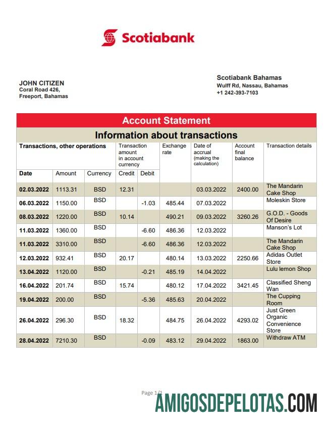 Bahamas Scotiabank extrato bancário amostra